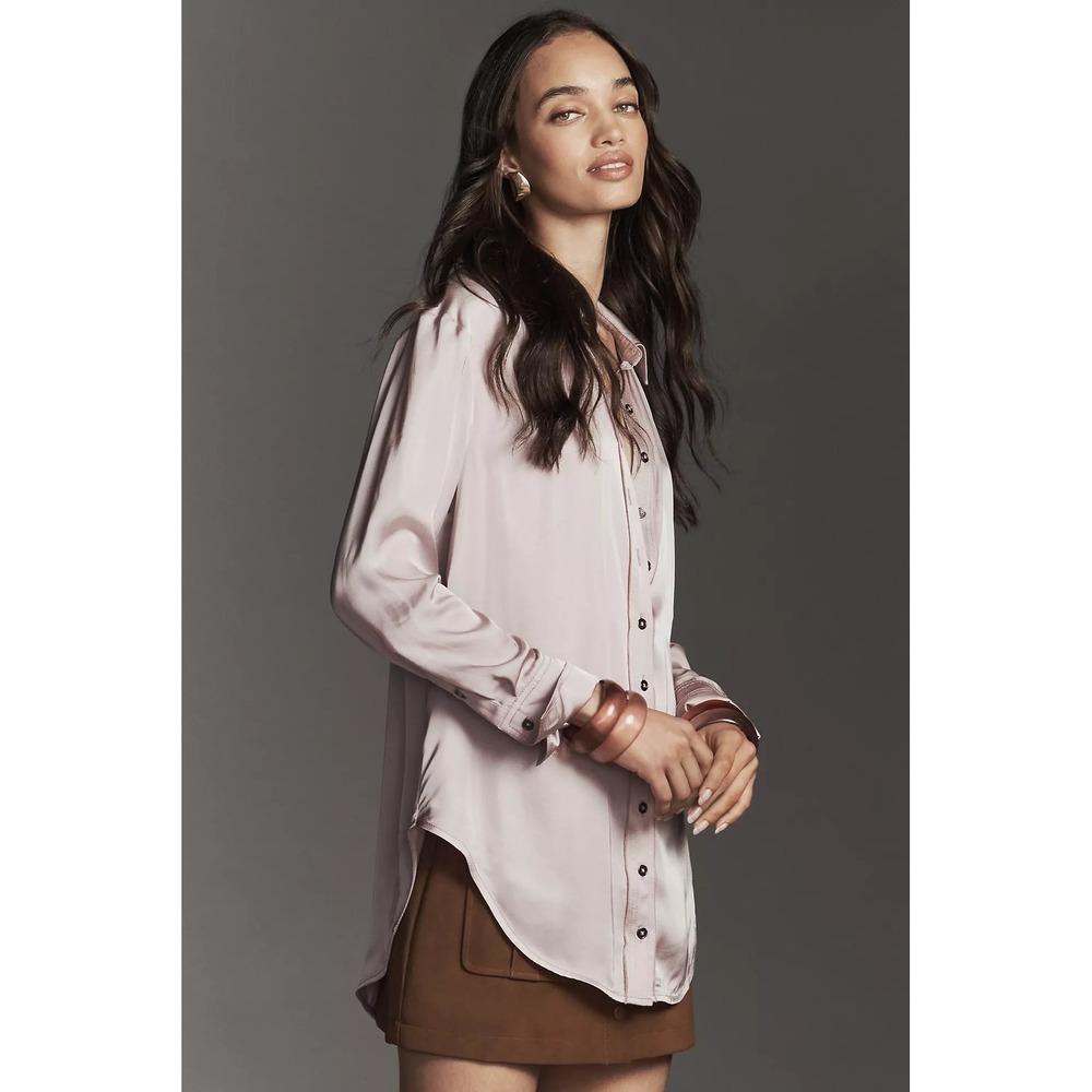 Pilcro Anthropologie Lavender Satin Button Down Blouse Long Sleeve Shirt Small